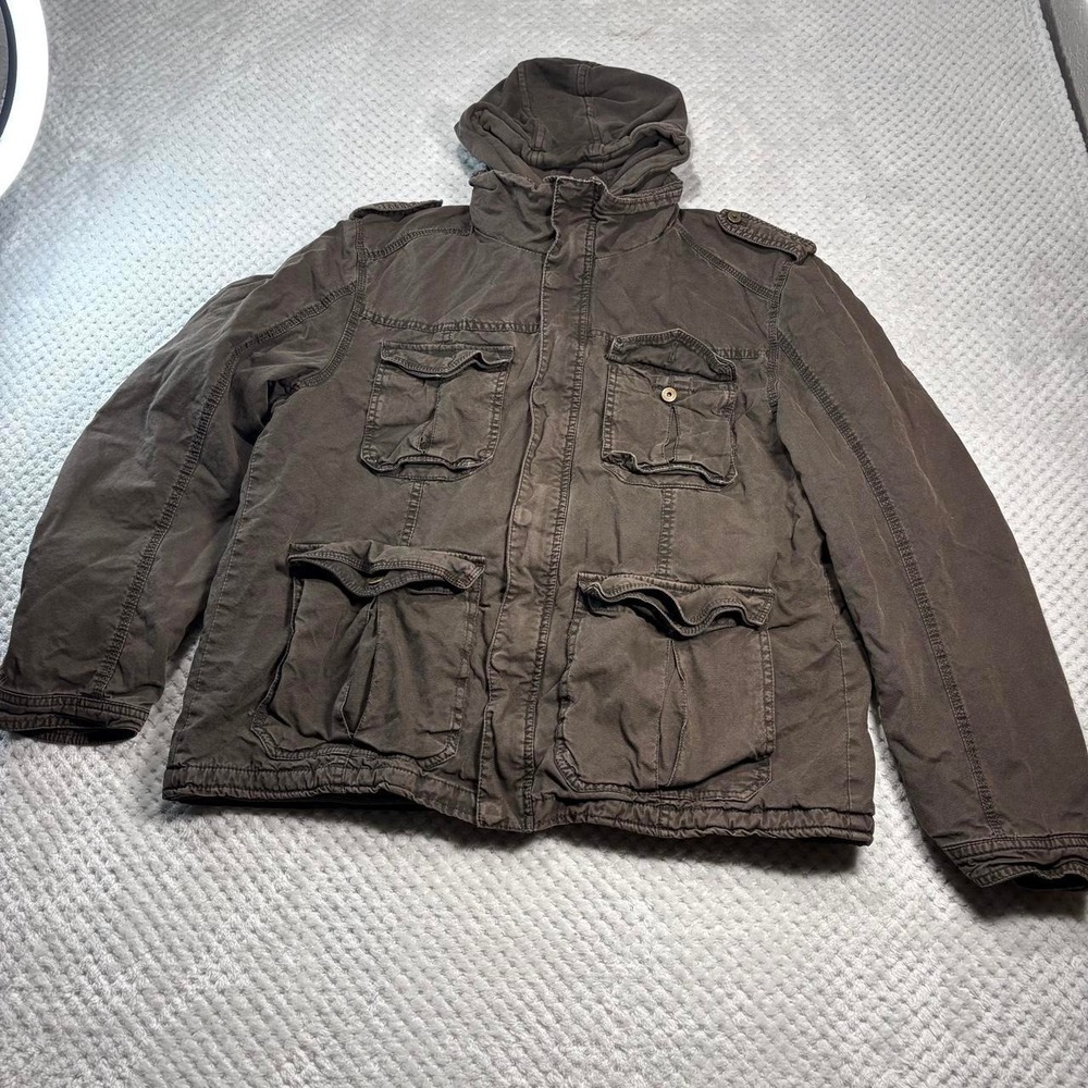 Columbia Field Jacket Removable Hood Mens XL Brown Military Y2K Utility Coat